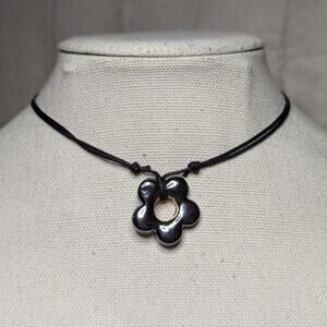 Black Ceramic Flower Pendant Choker Necklace Handmade Boho Hippie Whimsical Y2K